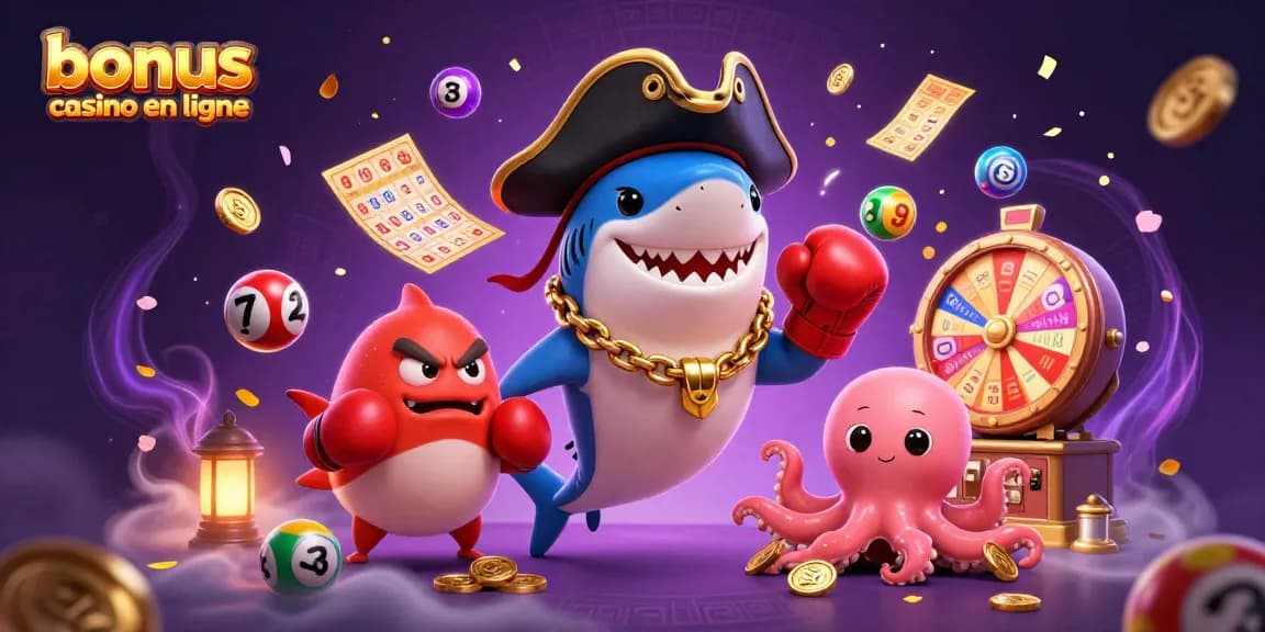 Visitez notre illustration de bonus casino en ligne avec un requin pirate et un poulpe, y compris des éléments de jeu.