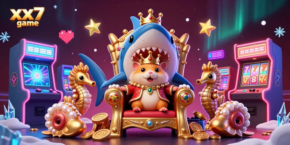 The xx7 game features a golden hamster king in a vibrant casino scene with arcade elements.