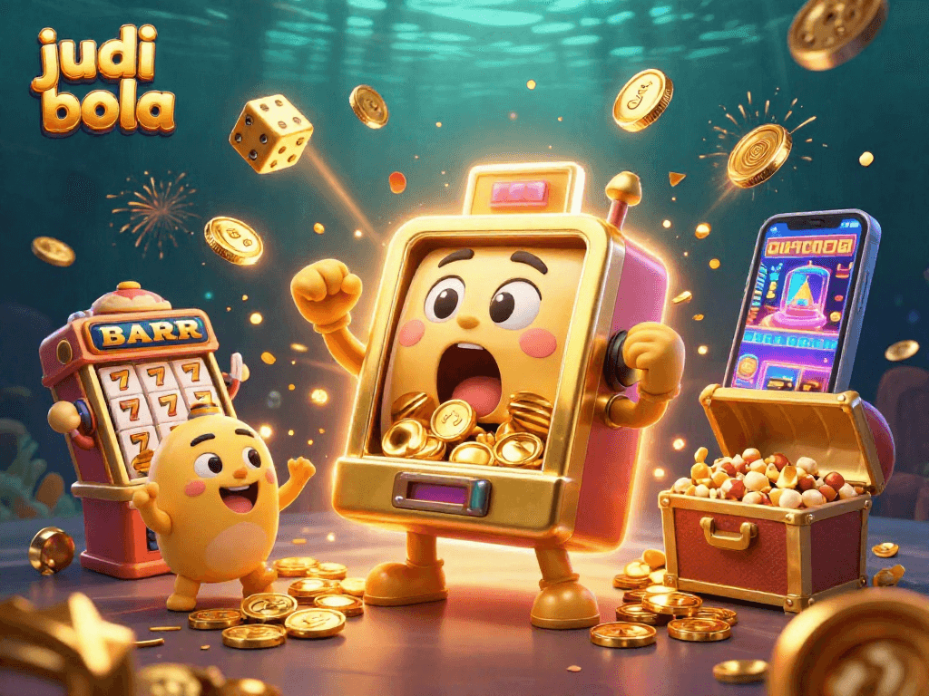 Play judi bola with vibrant slot machines celebrating jackpots in a colorful casino setting.