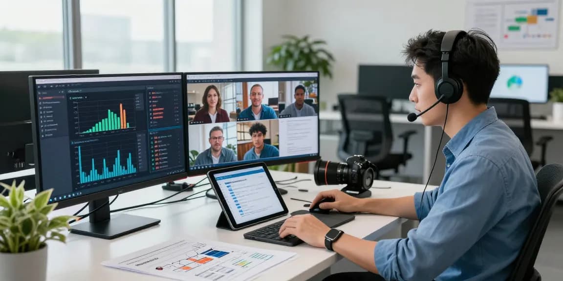 AI detector analysis in a modern workspace with content moderation screens and expert reviewing data.