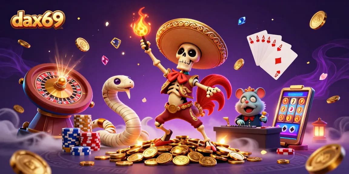 DAX69 memamerkan jackpot menarik dengan animasi karakter unik di antara koin emas dan slot menarik.