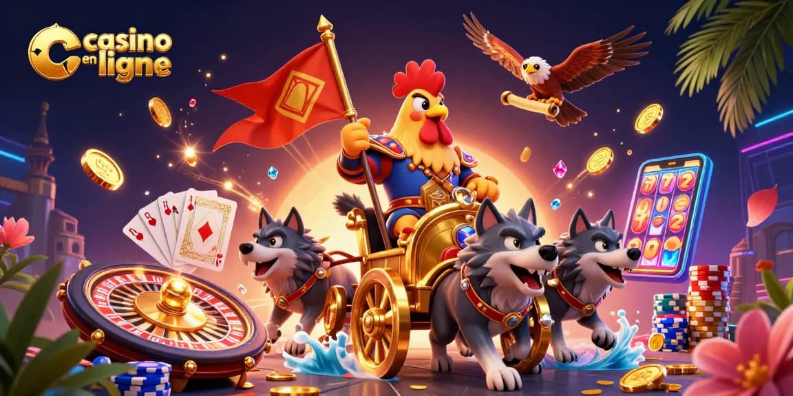 Jouer au casino en ligne avec des gains éblouissants entouré d'une scène dynamique de jeux de casino.