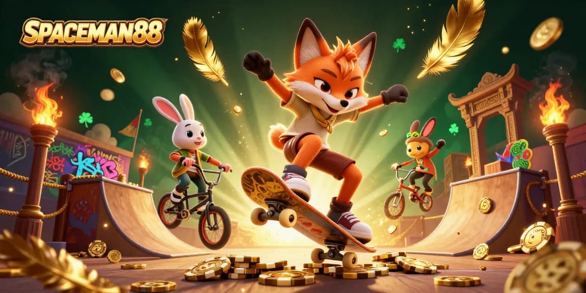 Experience SPACEMAN88 with a skateboarder fox and BMX rabbit in a vibrant casino-themed scene.