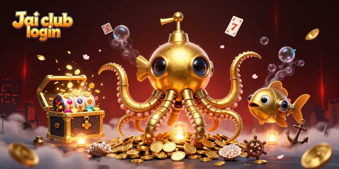 Engage in Jai club login with a dynamic scene featuring golden kraken submarine and slot game elements.