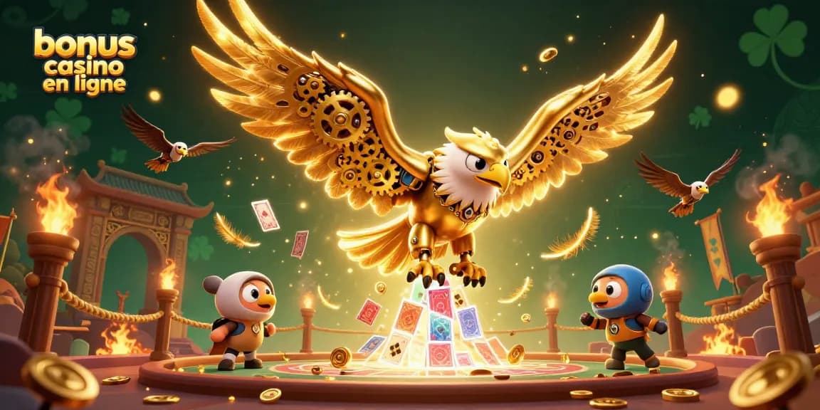 Bonus casino en ligne : un aigle cybernétique plonge à travers des cartes pour des gains audacieux.