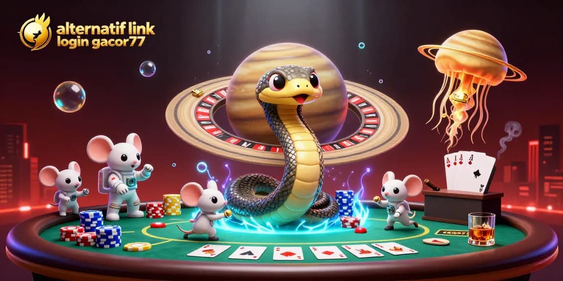 Engage with alternatif link login gacor77 in a vibrant casino-themed 3D illustration showcasing unique gambling elements.
