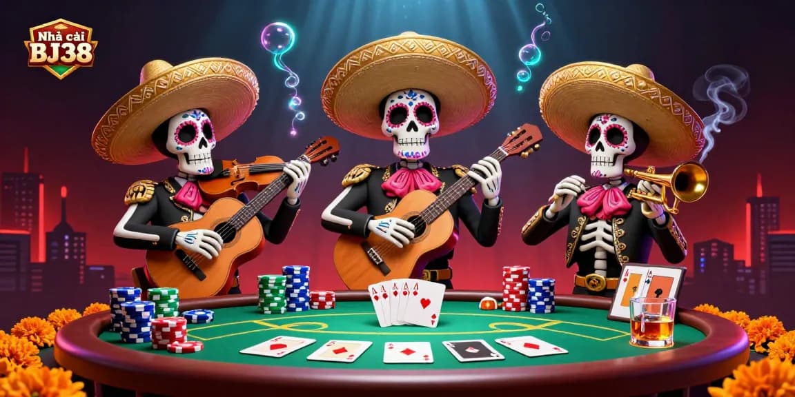Engage with the thrilling scene of Nhà cái BJ38 featuring a lively mariachi band and vibrant poker elements in a rich casino atmosphere.
