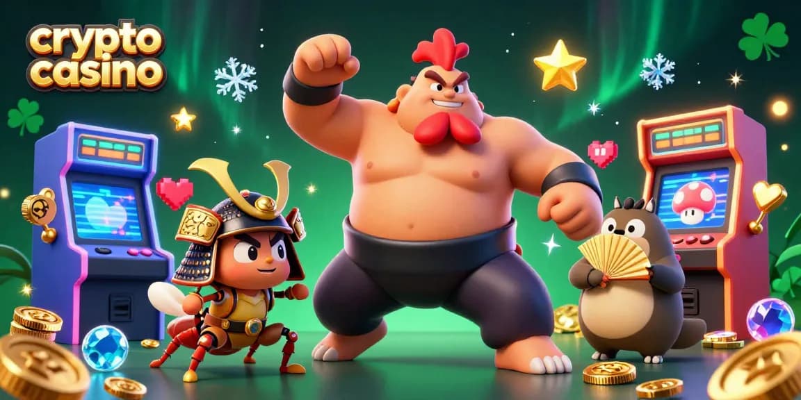 Découvrez un crypto casino animé avec un lutteur sumo coloré et des éléments de jeu vibrant.