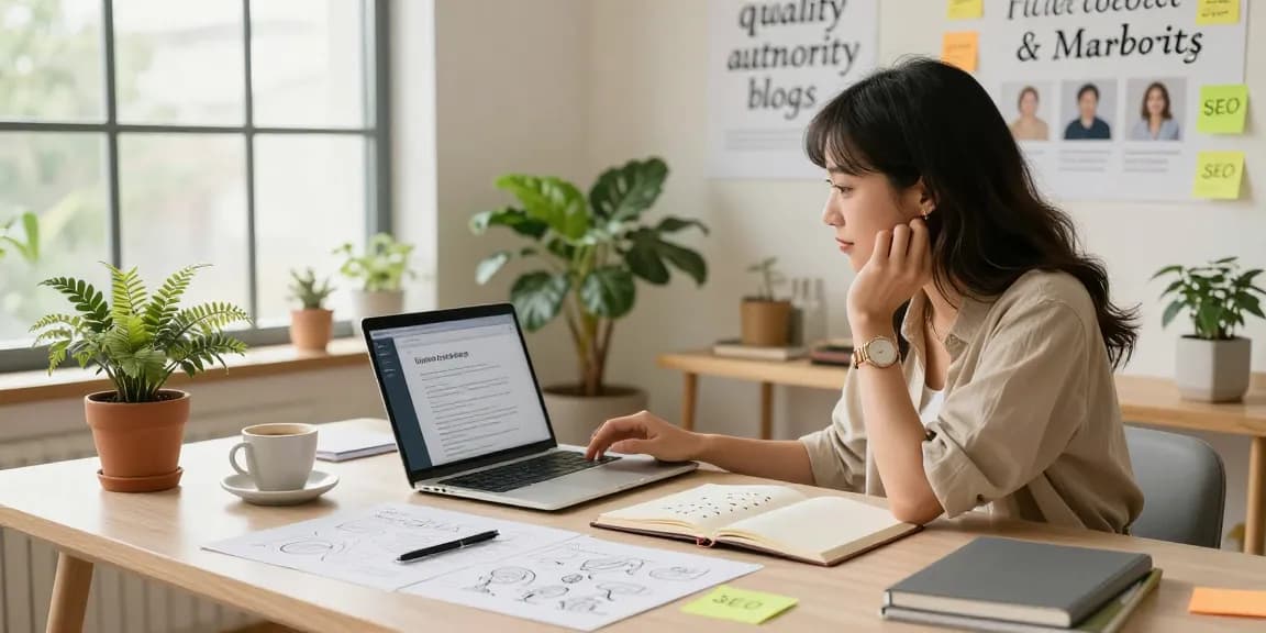 Creative workspace with content strategist drafting quality and authority blogs, showcasing productivity and inspiration.