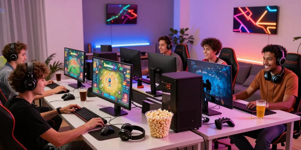 Situs Resmi Dominobet players enjoying an exciting online gaming session in a vibrant home setup with colorful graphics and accessories.