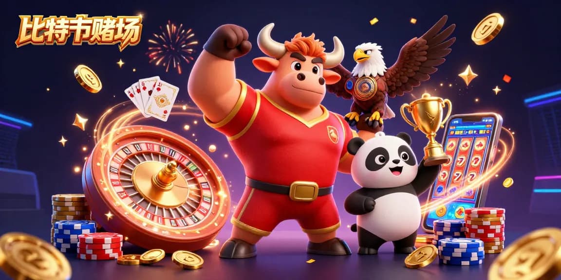 在比特幣賭場中，勝利的公牛、強勁的老鷹和快樂的熊貓慶祝著，周圍輕盈的金幣和閃耀的寶石四處飛舞。
