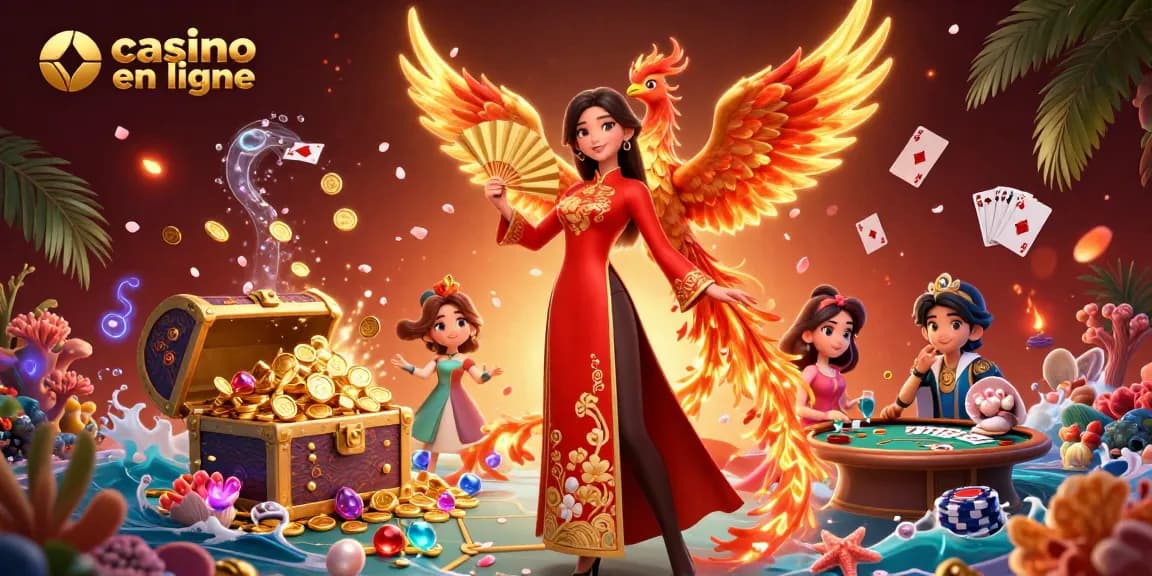 Découvrez une scène de casino en ligne animée avec une femme en ao dai, un phénix et des éléments de casino.
