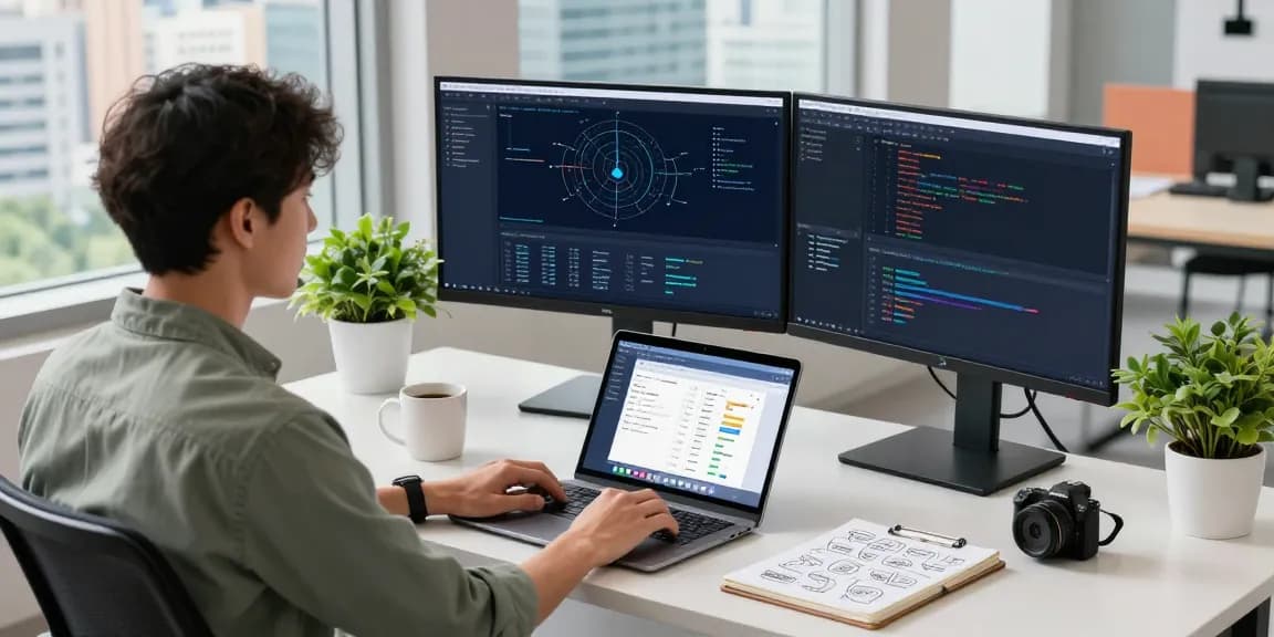 快连 network optimization dashboard displayed on dual monitors in a professional workspace, showcasing advanced tech capabilities.