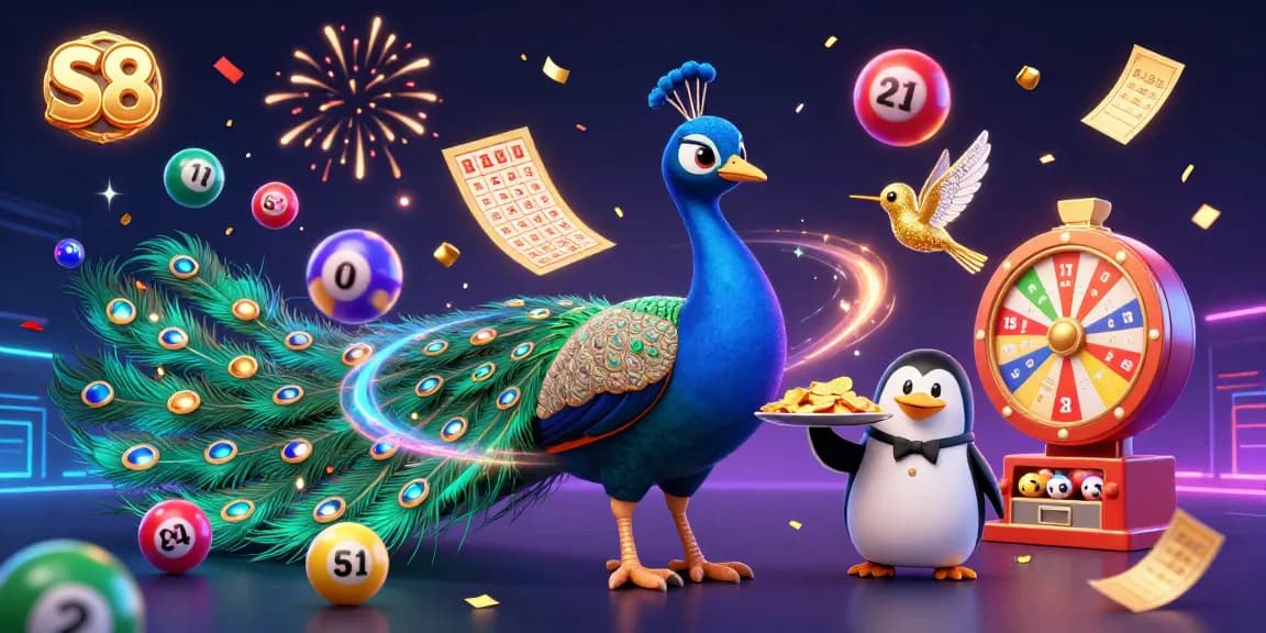 S8 showcases an exciting online gaming scene with vibrant cartoons and engaging elements like lottery balls and a bingo card.