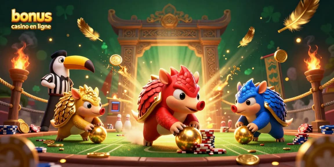 Des pangolins s'affrontent dans un tournoi amusant, illustrant le bonus casino en ligne.