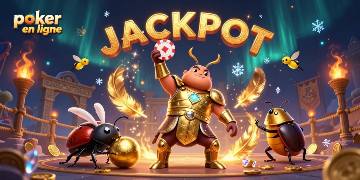 Le poker en ligne s'anime avec un scarabée Hercule en armure d'or et ses compagnons dans une illustration 3D captivante.