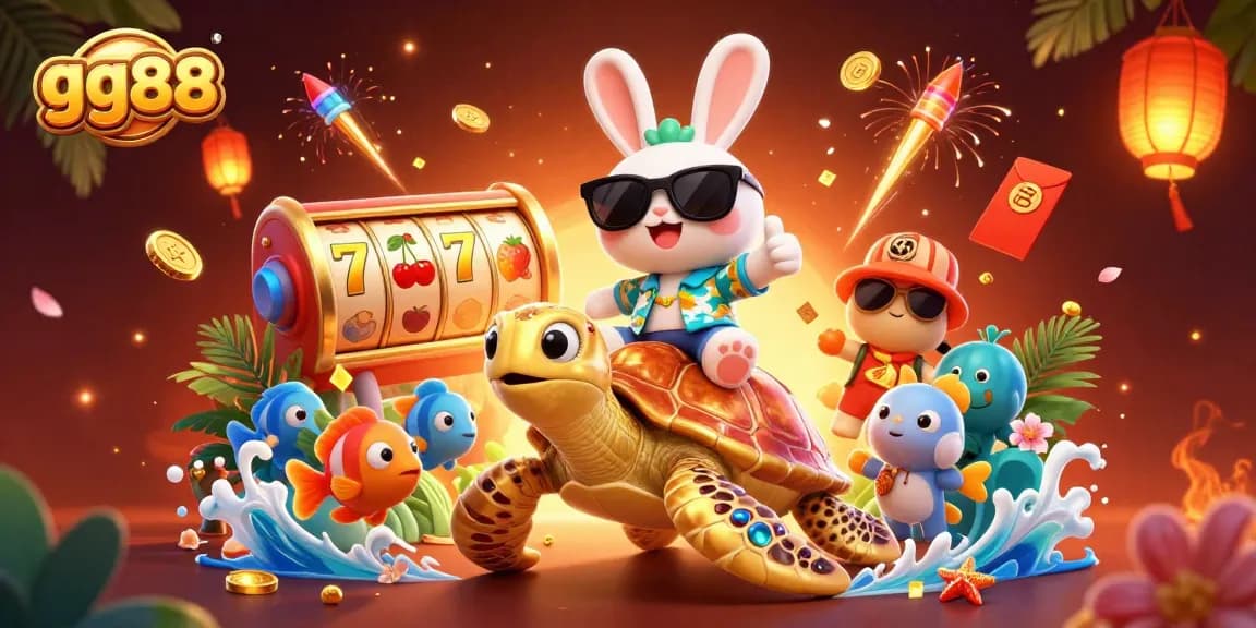 Spin and win with gg88's vibrant casino-themed illustration featuring lucky symbols and characters.