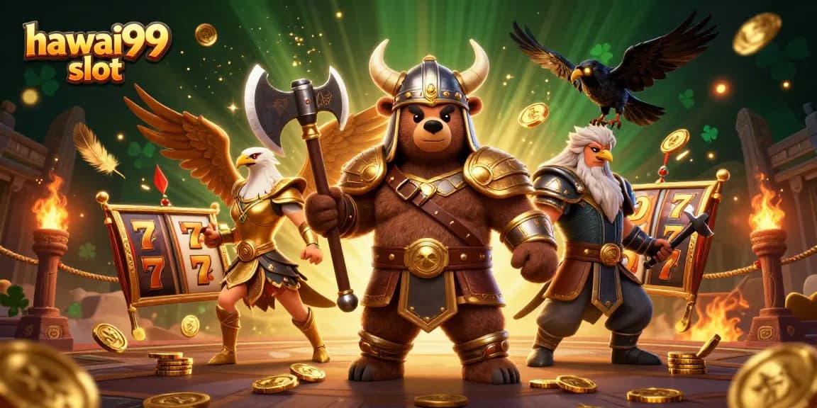 Experience the action of hawai99 slot with Viking bear, Valkyrie eagle, and dynamic casino elements.