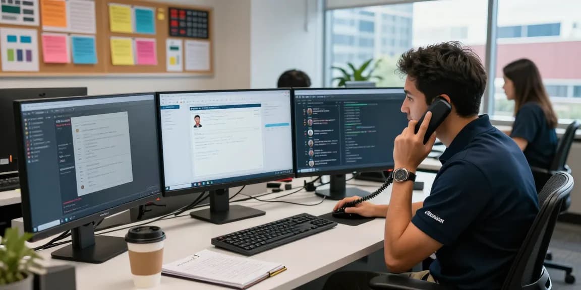 Telus-Technical-Support technician assisting a client in a busy office environment, showcasing efficient customer service.