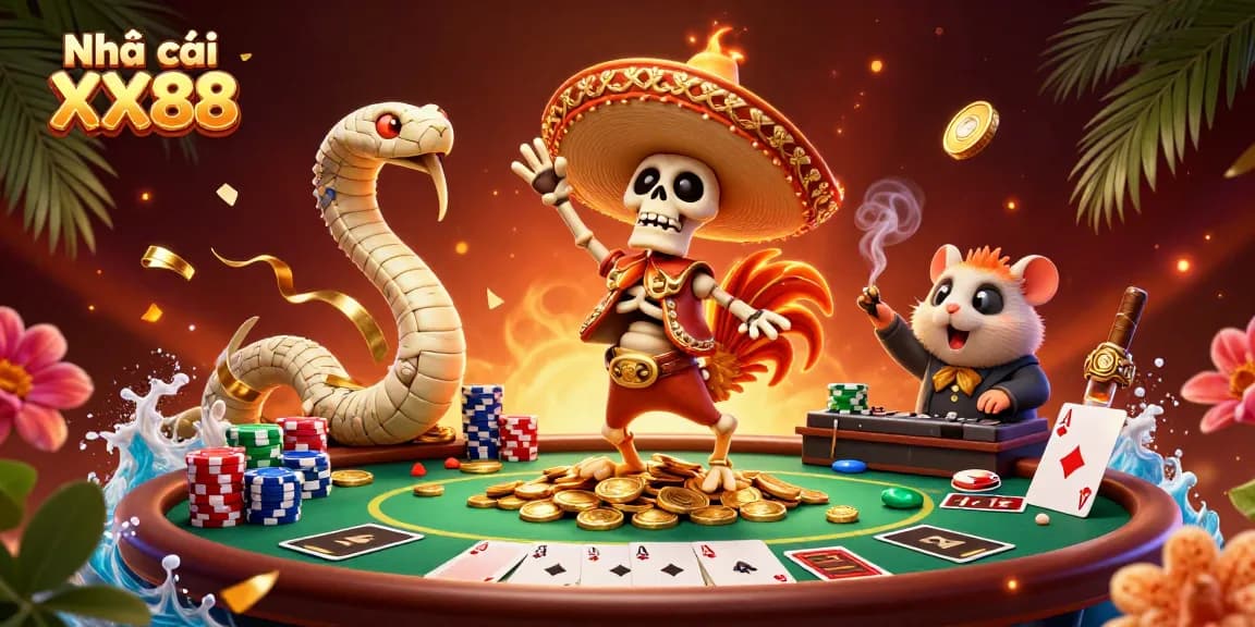 Nhà cái XX88 showcases a vibrant 3D casino scene with lively characters celebrating big wins.