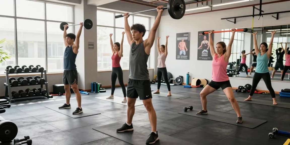 Dynamic fitness scene at Deus Medical Shop demonstrating strength training and yoga.