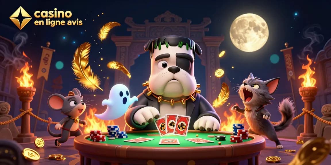 Le bulldog Frankenstein distribue des cartes à un casino en ligne, avec une ambiance effrayante dans l'illustration.