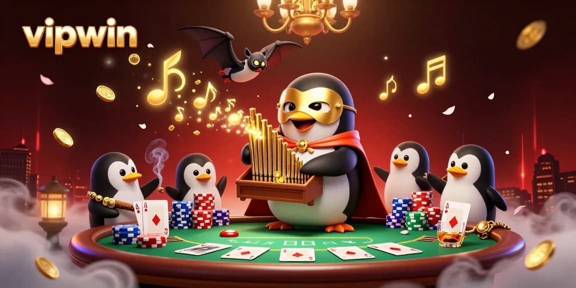 Experience thrilling wins at vipwin with our unique casino scene featuring a playful penguin.