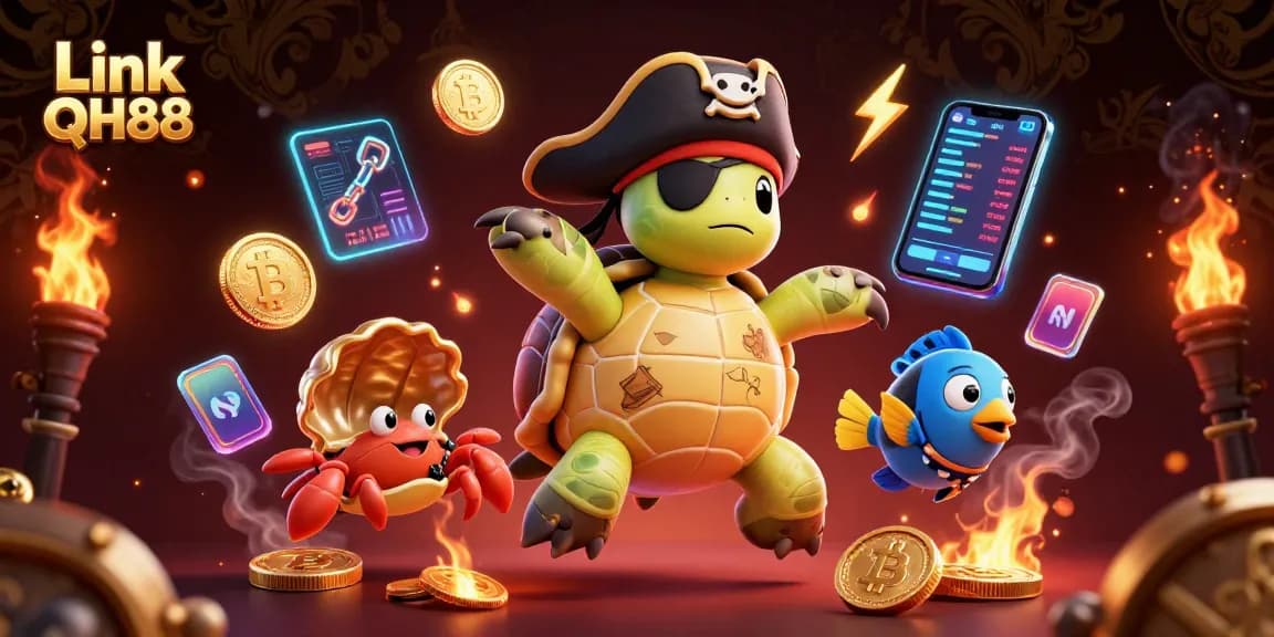 Engage in thrilling gameplay with Link QH88 featuring a pirate turtle, crab, and parrotfish amidst treasures.
