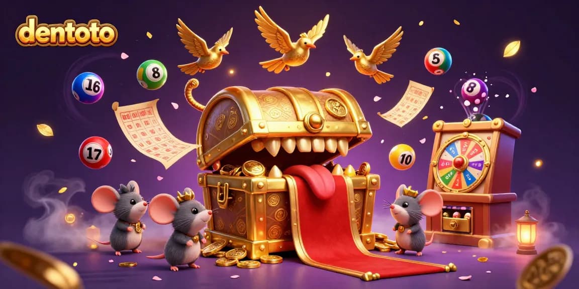 Engage in thrilling gambling action with dentoto's exciting scene highlighted by a cartoon golden treasure chest and vibrant game elements.
