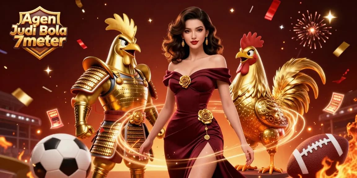 Agen Judi Bola 7meter showcases a glamorous scene of sports betting with dynamic characters and festive elements.