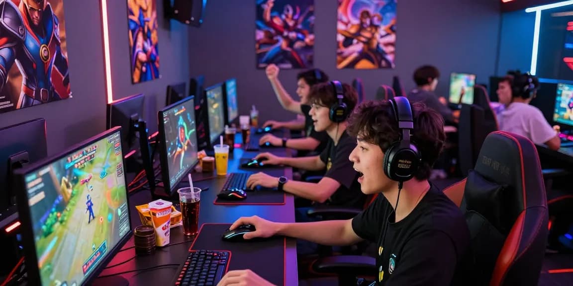 Exciting Mobile Legends gaming session in a cyber café with dynamic lighting.