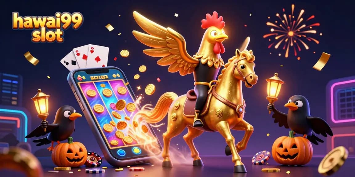 Experience thrilling wins with hawai99 slot featuring golden rooster characters and festive casino elements.