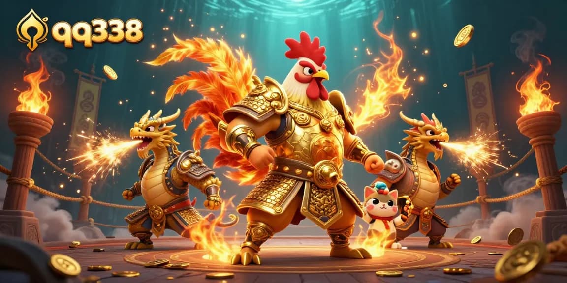 Engage in thrilling gameplay with qq338's fierce characters battling in a dynamic gambling-themed arena.