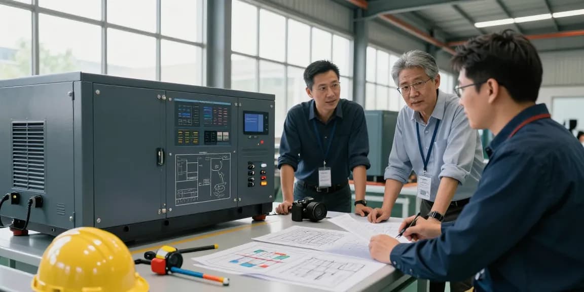Engineers discussing industrial generator solutions at a manufacturing facility.