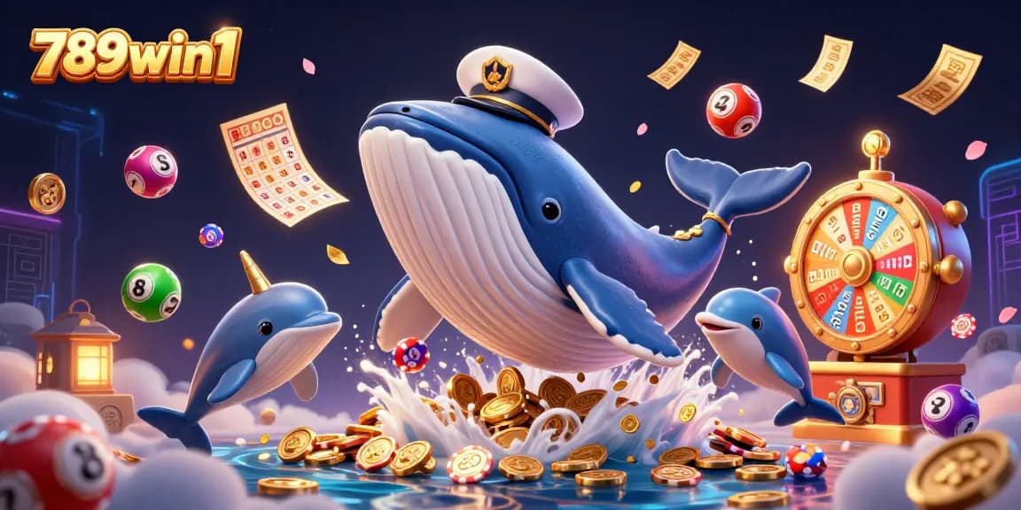 789win1 captures a vibrant 3D scene of a whale and friends amidst thrilling casino elements.