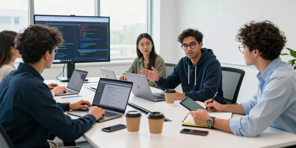 Developers collaborating in a modern workspace at telegramin-cn.com, showcasing teamwork and tech innovation.