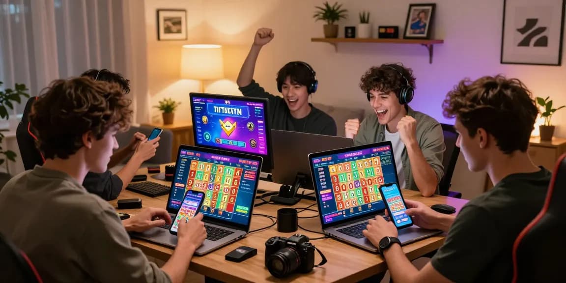 Ratutogel, suasana perjudian online yang dinamis dengan pemain merayakan kemenangan di perangkat mobile.