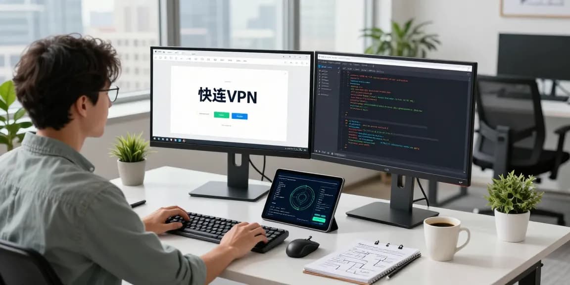 快连 VPN application interface on dual monitors in a modern tech workspace, showcasing a developer's focused environment.