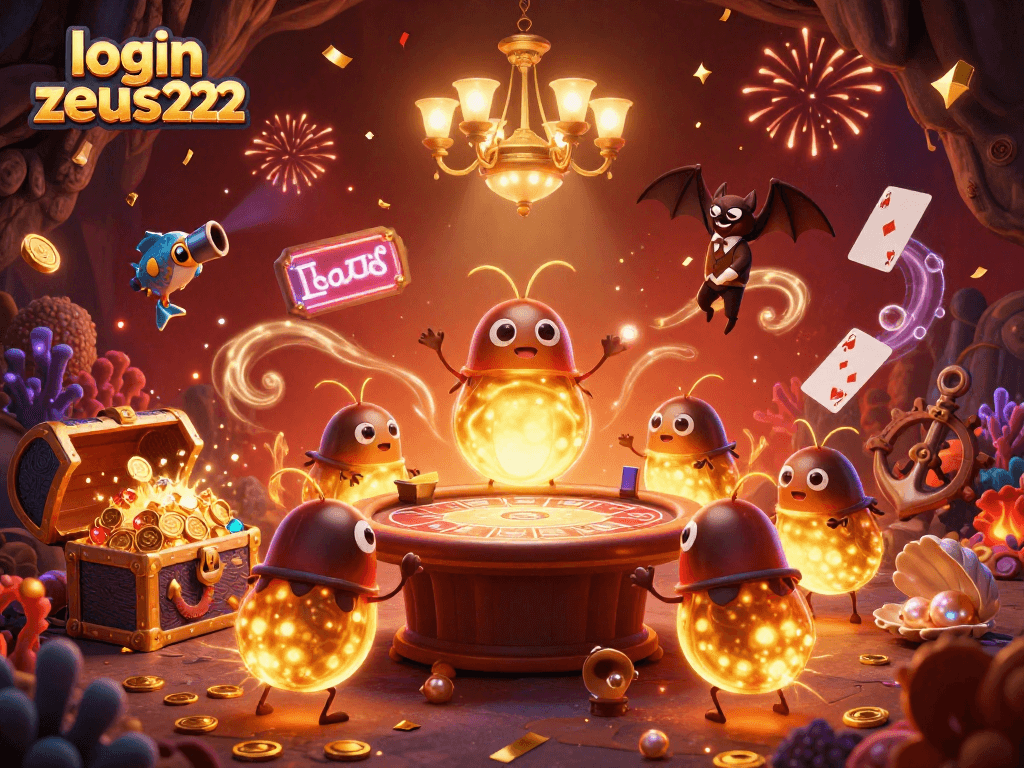 Engage in winning gaming moments with login zeus222 while enjoying the vibrant atmosphere of a lively casino illustrated scene.
