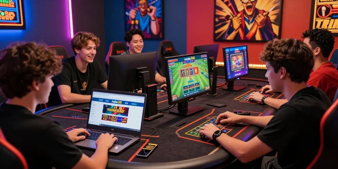 Group of players enjoying gaming on situs raja328 with vibrant atmosphere and gaming devices.