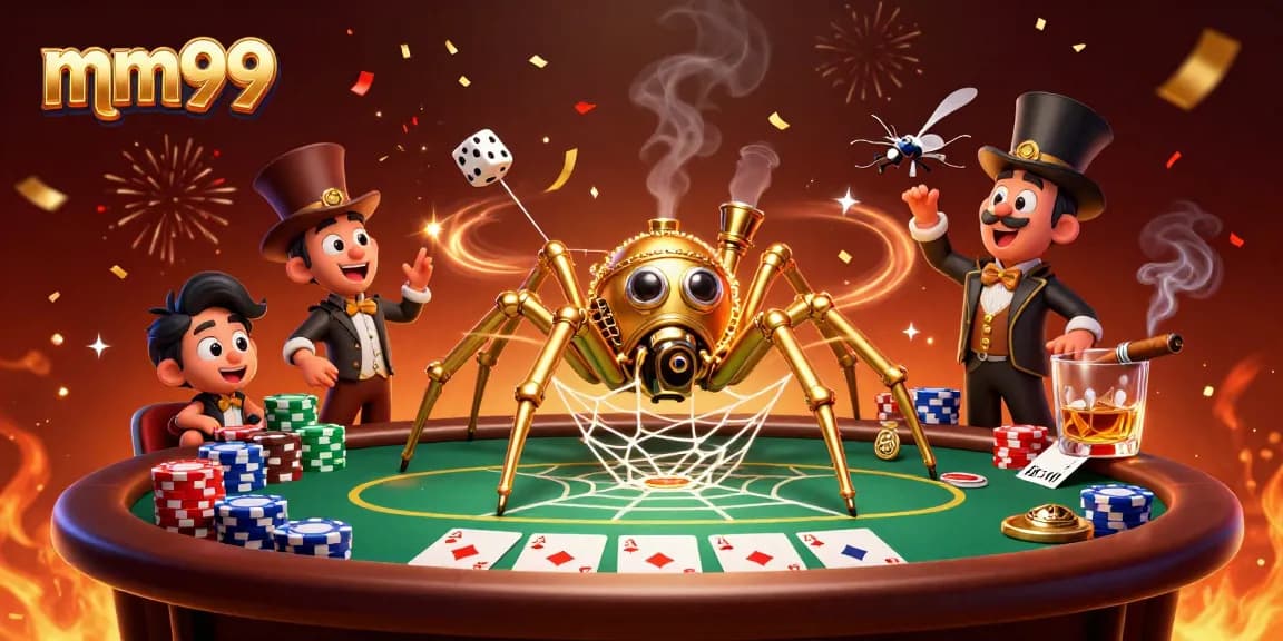 Experience thrilling gaming at mm99 with a vibrant 3D steampunk casino scene showcasing poker elements.