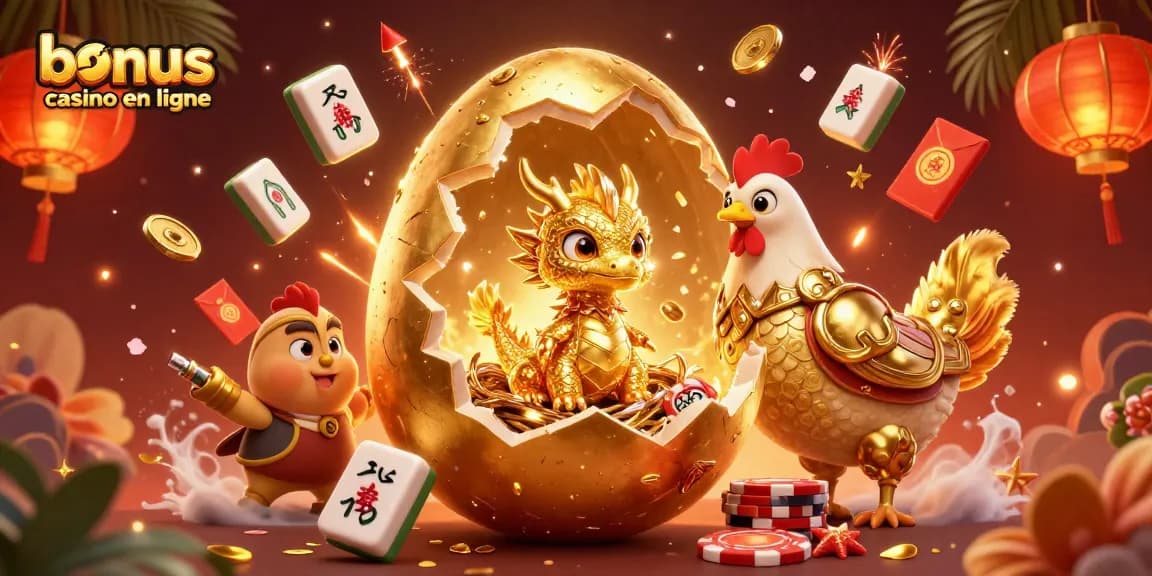 Bonus casino en ligne : dragon d'or sur un tas de jetons entourés de lanternes et pétales de cerisier.