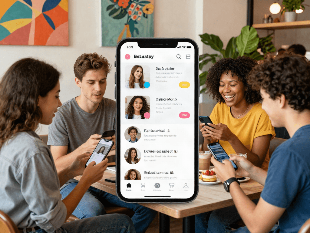 Young adults crush on dating app experiences in a cozy coffee shop.
