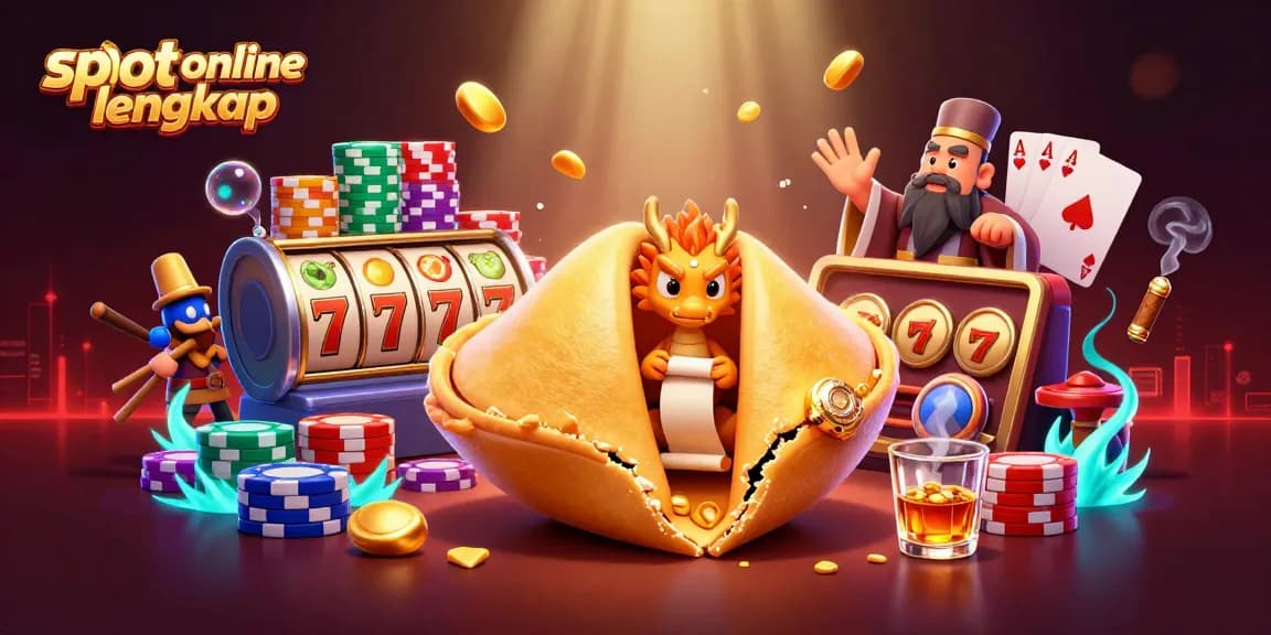 Engage with slot online lengkap featuring a dragon reading fortunes and colorful slot elements.