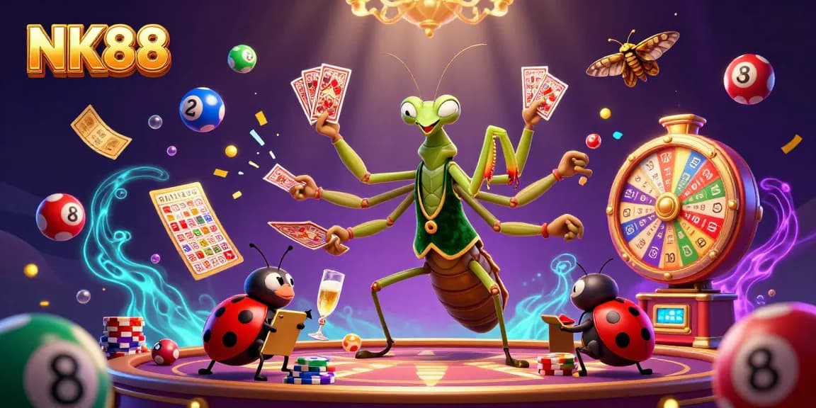 Experience the excitement of NK88 with dynamic casino visuals featuring a giant praying mantis and engaging game elements.