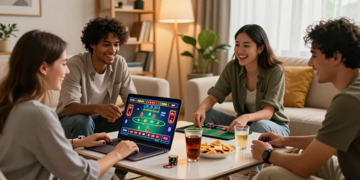 Un groupe animé profitant ensemble des jeux de casino en ligne dans un cadre confortable.