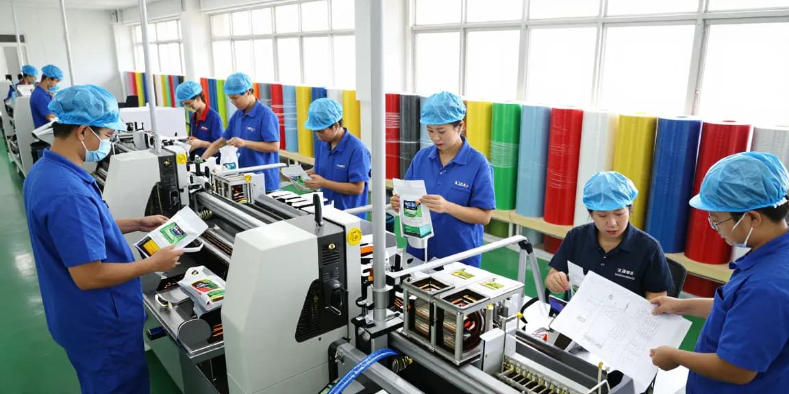 Custom stand up pouch production in a vibrant, eco-friendly packaging facility.