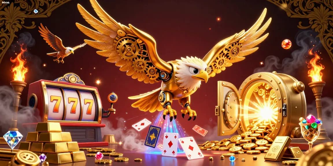 Experience the thrill of hitclub with a vibrant 3D casino scene showcasing an eagle diving through holographic cards and slot elements.