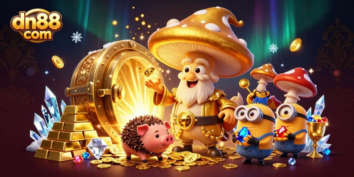 Experience the magic of dn88 com with golden treasures and vibrant game elements in this dynamic illustration.