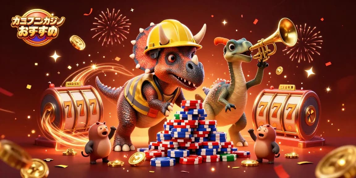 オンラインカジノ おすすめでのスロットチップピラミッドを建設する恐竜の楽しいシーン